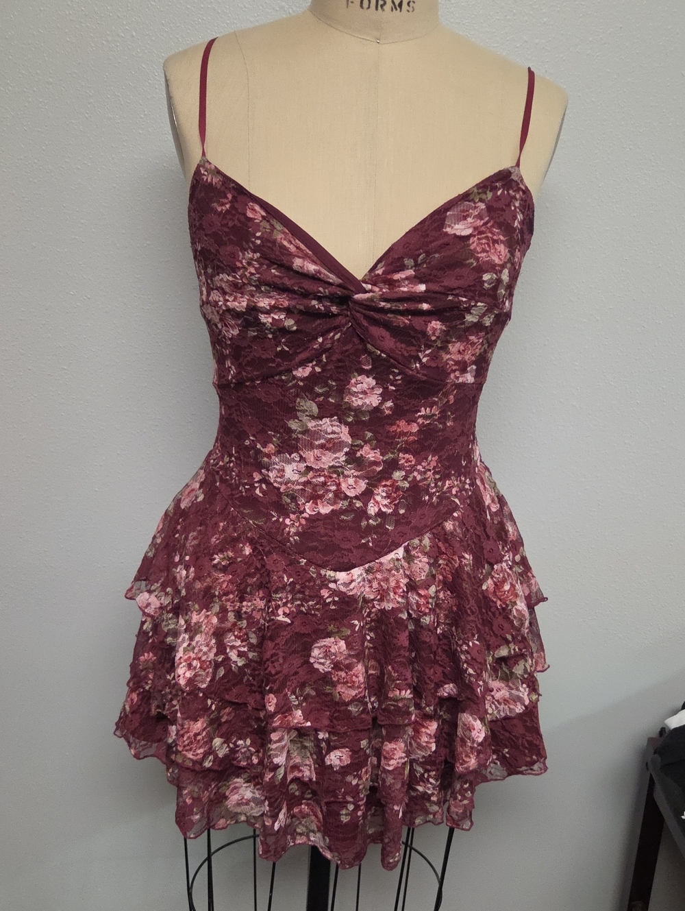 Lovely Day Burgundy Floral Twist-Front Ruffle Mini Dress